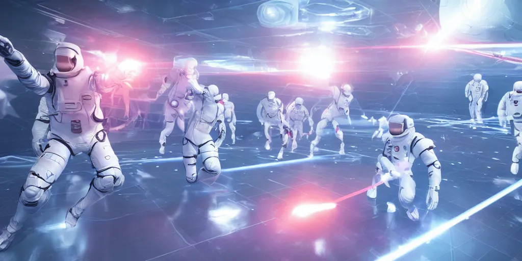 Image similar to futuristic spacemen firing lasers in zero gravity, skintight suits, floating, bright white light, floating white obstacles, surrounded by a laser grid, unreal engine, lensflares, low perspective