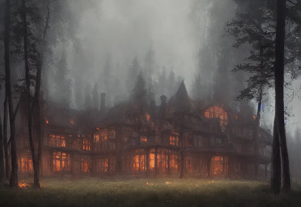 Prompt: a foggy forest with a huge wooden manor in the middle. fire coming out of its windows, artstation, jakub rozalski, high detail