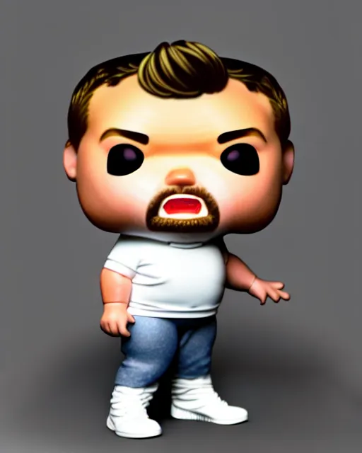 Image similar to full body 3d render of James Corden as a funko pop, studio lighting, white background, blender, trending on artstation, 8k, highly detailed , intricate details