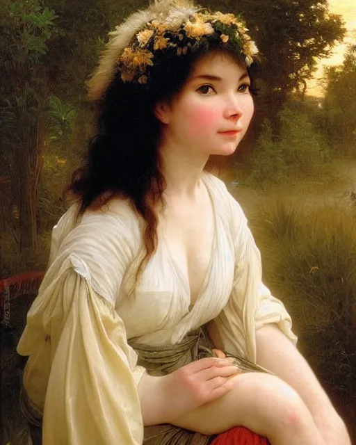 Image similar to beautiful glorious realistic oil painting of bjork, bokeh, baroque style by bouguereau, sunset, highly detailed, 8 k intricate