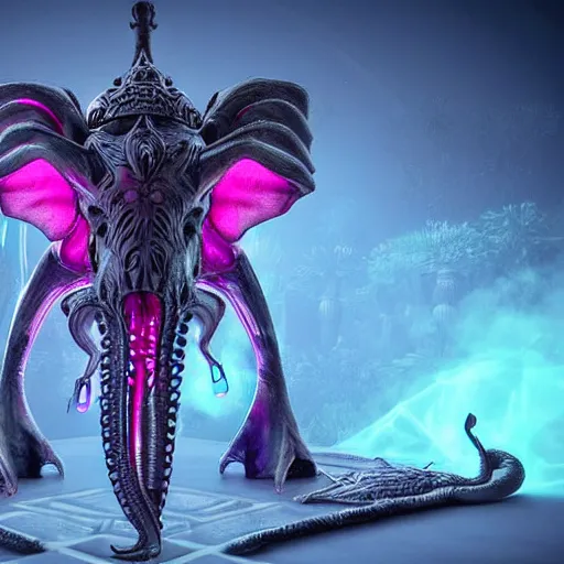 Image similar to a realistic antropomorphic pink elephant dressing necromancer clothes sited in a xenomorphic throne with glow neon eyes, finely detailed, 4 k, photorealistic, cycles engine,