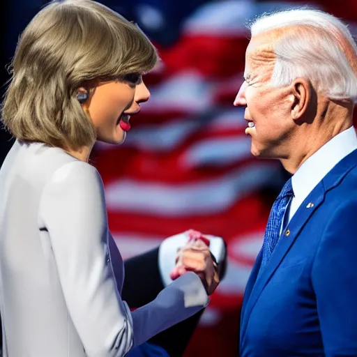 Image similar to taylor swift shaking hands with joe biden, 8 k uhd, perfect faces