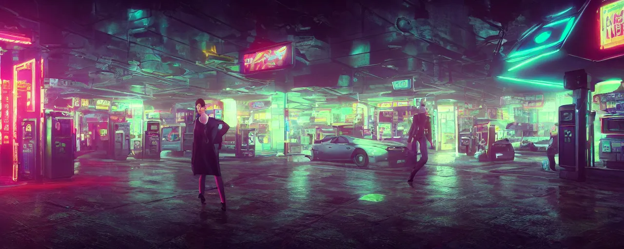 Image similar to a scene from the matrix that takes place in a gas station in the night time, vaporwave aesthetic, neon signs, superliminal 8 k uhd, unreal engine, octane render in the artstyle of finnian macmanus, john park and greg rutkowski