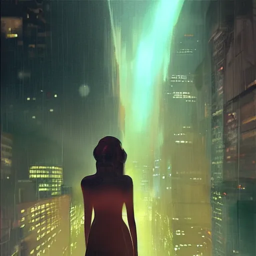 Image similar to “ a girl standing on a ledge looking down at a futuristic new york city below, bright city lights, storm clouds, rain, dramatic lighting, digital art, concept - art by craig mullins ”