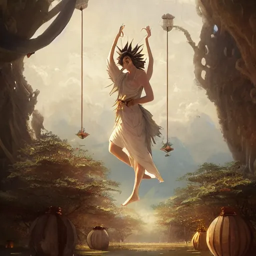 Image similar to painting of a god of wind enjoying his heavenly palace, decorated with windchimes and paper lanterns, stunning nature in background, art by greg rutkowski, cinematic