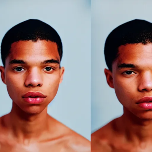 Image similar to realistic! photoshoot for a new acne lookbook, color film photography, portrait of a beautiful model, photo in style of tyler mitchell, 35mm