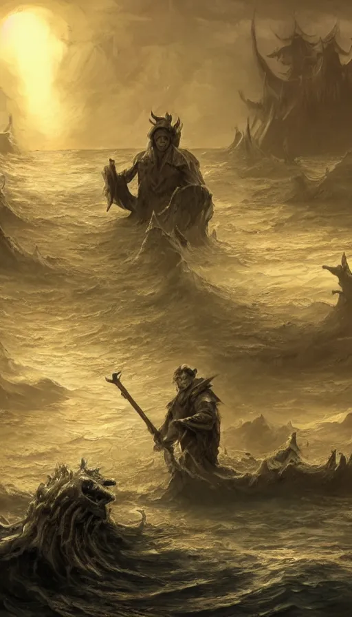 Image similar to man on boat crossing a body of water in hell with creatures in the water, sea of souls, by d & d concept artists