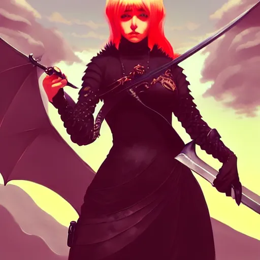 Image similar to a woman holding a sword with a dragon on it, concept art by Ilya Kuvshinov, contest winner, fantasy art, official art, concept art, high detail, experimental, high quality, hyperrealistic, 4k