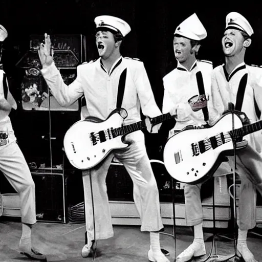 Prompt: 1 9 6 0 s photograph of a group of 4 white males performing rock music live on tv, dressed in peppermint themed sailor outfits with wide brim hats, tv studio