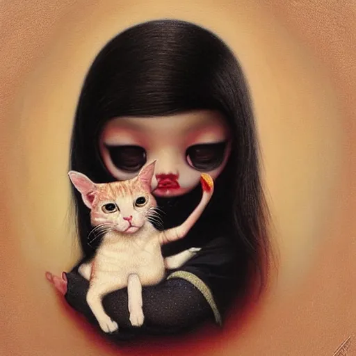 Image similar to a painting of an emo mexican woman holding a cat, a photorealistic painting by tom bagshaw and ( ( ( mark ryden ) ) ), trending on deviantart, gothic art, ilya kuvshinov, goth, storybook illustration