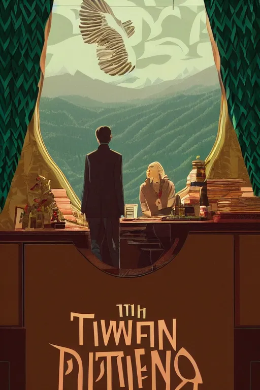 Prompt: Twin Peaks movie poster artwork by Tomer Hanuka Rendering green curtains with zig zag chevron pattern of a Dinner with an giant owl floating above it, full of details, by Makoto Shinkai and thomas kinkade, Matte painting, trending on artstation and unreal engine