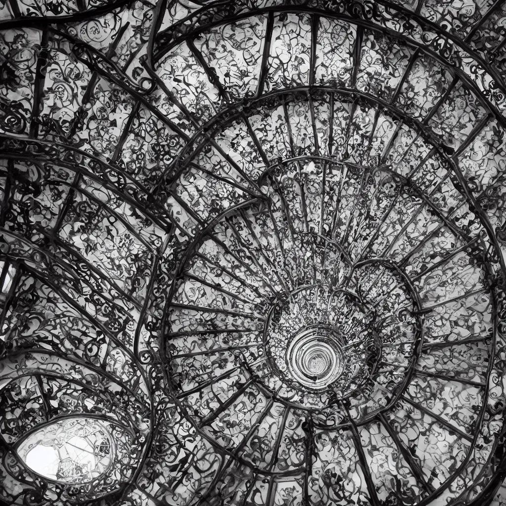 Image similar to , grand spiral stairs going down deep in the dark, with many doors ad ornamented widows, architecture by antoni gaudi, dramatic volumetric, cinematic light, cinematic photography, hyperrealist, high detailed