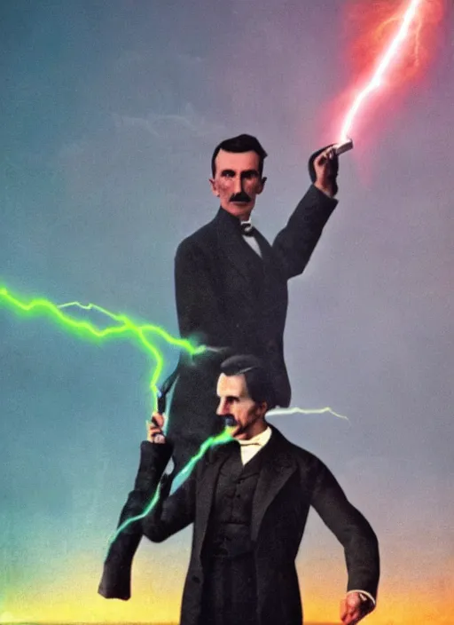 Image similar to color photograph of Nikola Tesla Nikola Tesla holding a futuristic tesla gun with lightning, futuristic, tesla coil, futuristic weapon, dynamic lightning, 4k, hyper realistic, modern photograph, digital art