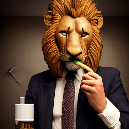 Image similar to a lion smoking a cigar wearing a suit, subject= lion, subject detail: wearing a suit, subject action: smoking a cigar, dramatic lighting, cinematic lighting, establishing shot, photorealistic, high details, cinematic, 8k resolution, extremly detailed, photorealistic, artstation, unreal engine