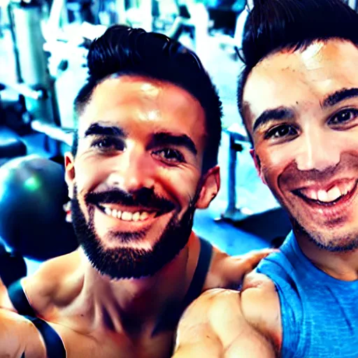 Image similar to selfie of two typical gym bros being bros at the gym