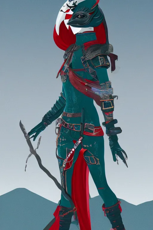 Image similar to female adventurer in tight full - body teal leather armor of japanese design with red accents and a white porcelain crow mask, trending in artstation, japanese, artstation, big moon in the background, establishing shot