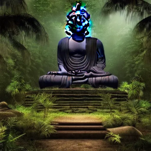 Prompt: a dramatic picture of a giant buddha in an abandoned jungle temple ruin, photorealistic, volumetric lights, highly detailed