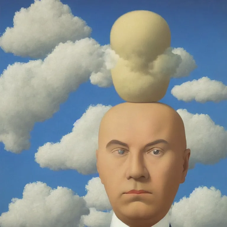 Image similar to portrait of a cloud head, by rene magritte, detailed painting, hd, hq, high resolution, high detail, 4 k, 8 k