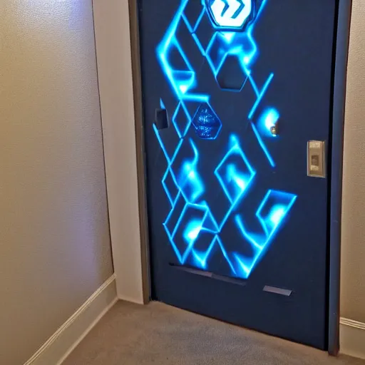 Image similar to a blue hexagonal door from the movie tron : legacy