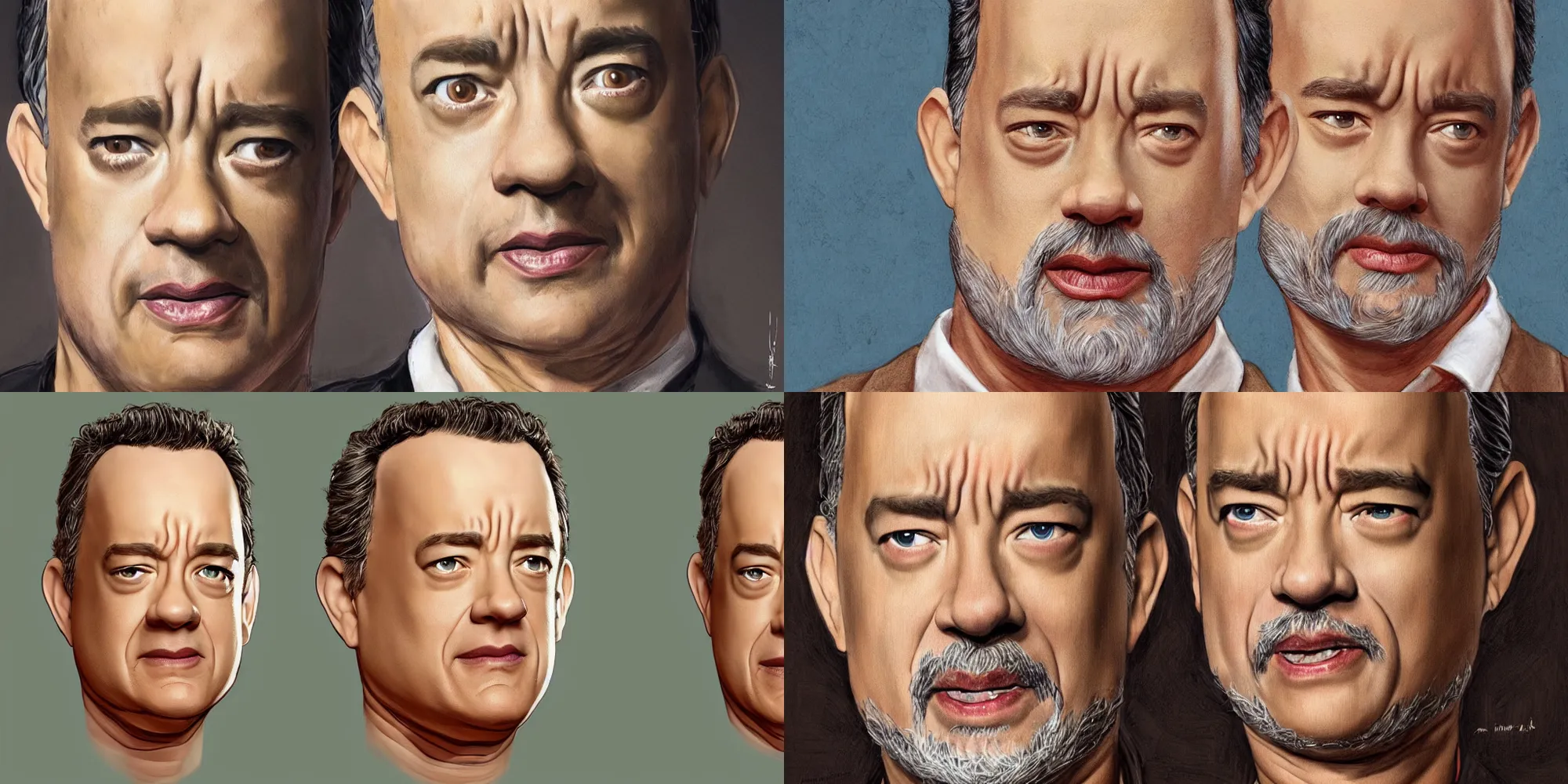 Prompt: Tom Hanks with thick eyebrows, short beard, short light brown hair, amused facial expression, very detailed, digital art, ArtStation, art by Annie Leibowitz