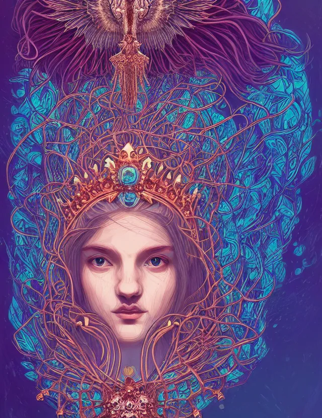 Image similar to symmetrical, centered, goddess close-up portrait wigh crown made of skulls. phoenix betta fish, phoenix, bioluminiscent creature, super intricate ornaments artwork by Tooth Wu and wlop and alena aenami and greg rutkowski