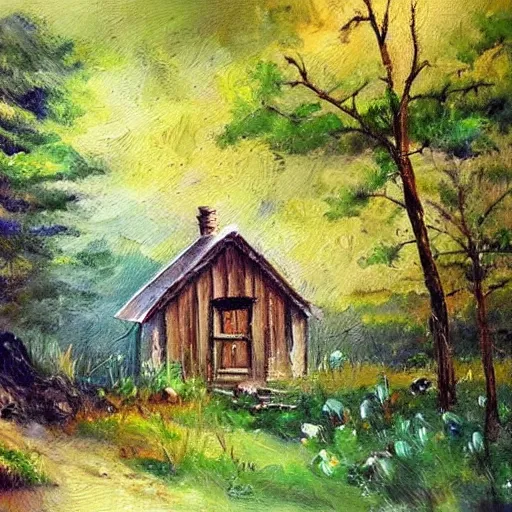 Prompt: little house in the countryside on a sunny day, forest, realistic, detailed, peaceful, brush strokes, oil painting