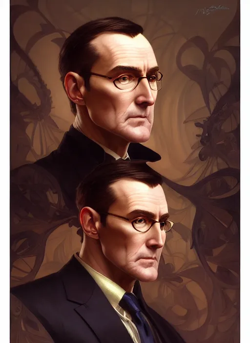 Image similar to portrait of d. b. cooper, intricate, elegant, highly detailed, my rendition, digital painting, artstation, concept art, smooth, sharp focus, art by artgerm and greg rutkowski and alphonse mucha and uang guangjian and gil elvgren and sachin teng, symmetry!!