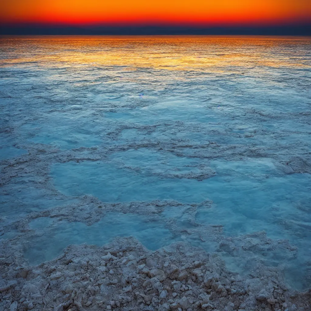 Prompt: the dead sea, beautiful sunset with colorful clouds, low angle, professional photo