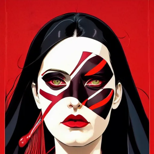 Image similar to Joshua Middleton comic art, wide shot, stunning elegant female Eva Green, kabuki mask, beautiful evil sneer, symmetrical face, symmetrical eyes, leather clothing and boots, long straight red hair, full body, Indigo occult pattern