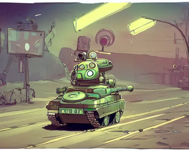 Image similar to a study of cell shaded cartoon of a chibi alien driving a tank on a country road, street lamps, road, illustration, wide shot, subtle colors, post grunge, concept art by josan gonzales and wlop, by james jean, victo ngai, highly detailed, sharp focus, trending on artstation, hq, deviantart, art by artgem