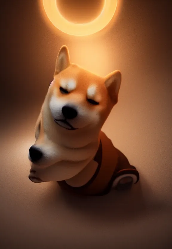 Image similar to a portrait of a shiba inu wearing a robe in heaven, circular, glowing, circle, unreal engine, octane render, artstation, digital art.
