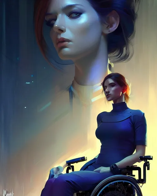 Image similar to masterpiece concept art, a beautiful highly detailed sci - fi lady on wheelchair, artist of 2 2 nd century, cinematic moody colors, realistic shaded lighting poster by ilya kuvshinov, magali villeneuve, artgerm, jeremy lipkin and michael garmash and rob rey,