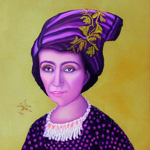 Image similar to portrait of a purple witch with golden embroidery, painting in the style of realism.