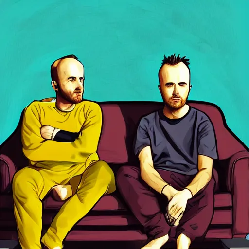 Prompt: a digital art of jessie pinkman and jessie pinkman, sitting on two sofas, watching tv, holding hands, back to the camera, storybook art, detailed, profile shot, featured on artstation