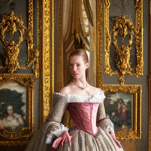 Image similar to francesca findabair in versailles, wow 4 k detail fantasy, matte painting, realistic materials, photo realistic, postprocessing, cinematic, hyperrealistic, studio lighting, ekaterina, the tudors, photography by richard jenkins