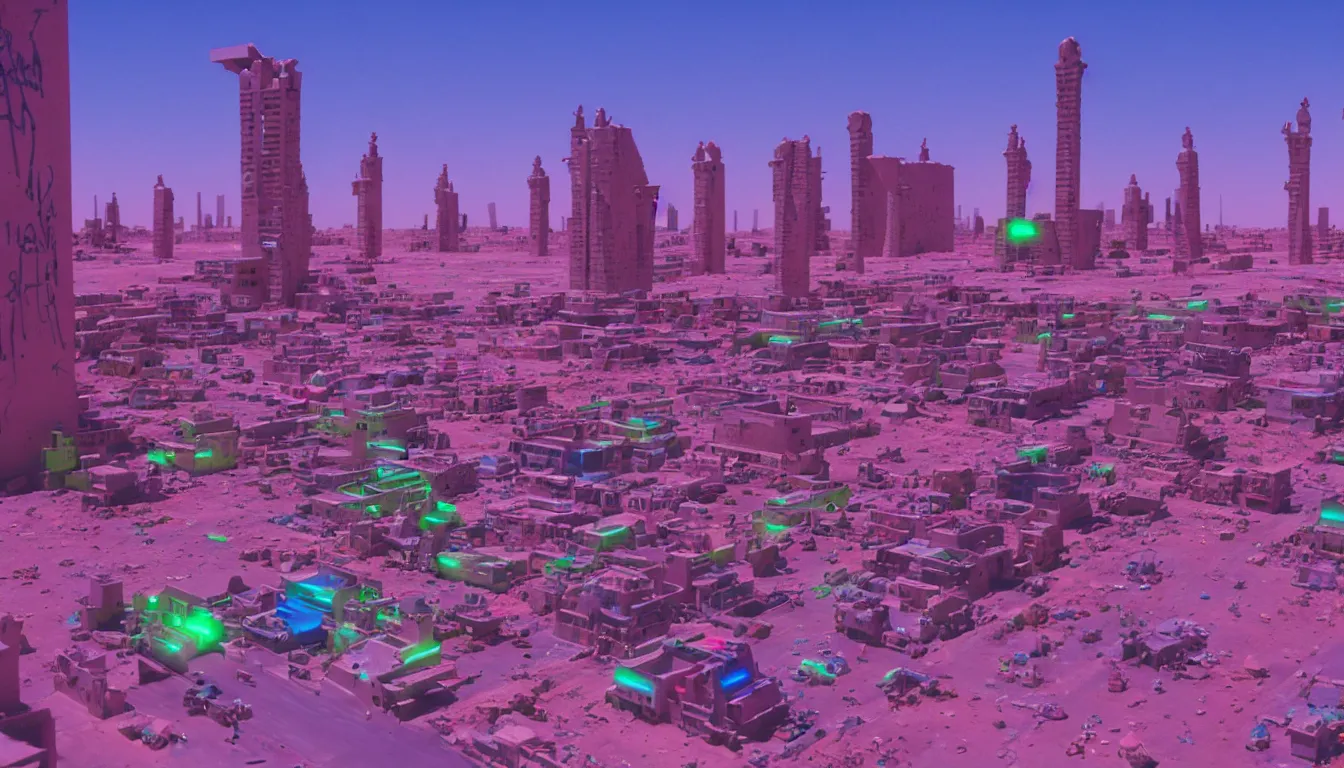 Image similar to 90s neon movie still. futuristic timbuktu. hyperrealistic, high definition, medium format photography, highly detailed, technicolor, anamorphic 50mm lens