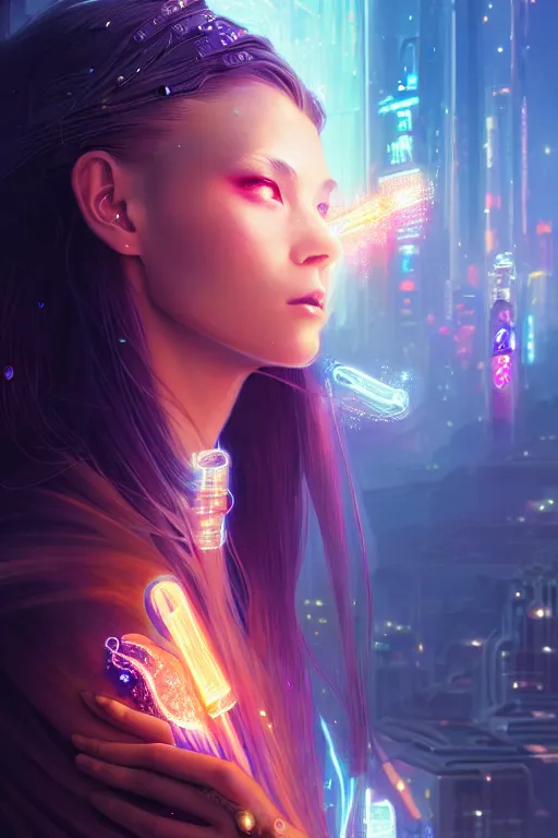 Image similar to portrait futuristic wizard Girl with fire and sparkles, in future cyberpunk tokyo rooftop , ssci-fi, fantasy, intricate, very very beautiful, elegant, human anatomy, human structure, neon light, highly detailed, digital painting, artstation, concept art, smooth, sharp focus, illustration, art by tian zi and WLOP and alphonse mucha