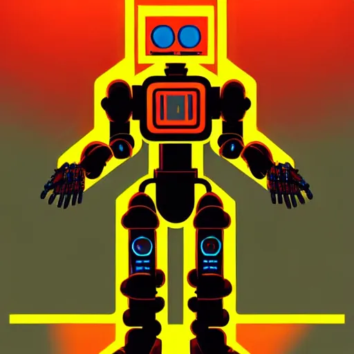 Image similar to a full body character design angus mckie tim doyle, laurie greasley. fiery flaming grungy industrial faceless humanoid anatomical mech robot heroic!! fire!! bold outline sharp edges. ultra clear detailed. 8 k. elegant, neon colors, dynamic angle, intricate complexity, epic composition, symmetry, cinematic lighting masterpiece