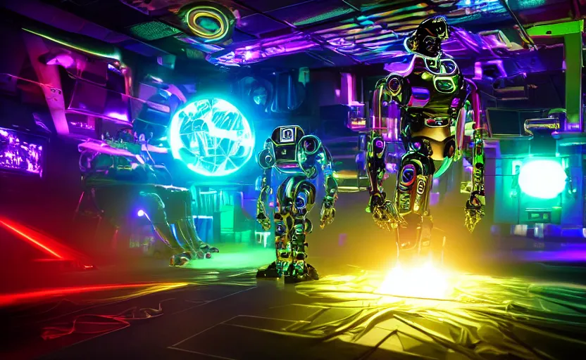 Image similar to robodads cybercore disco rave, highly detailed, extremely high quality, hd, 4 k, 8 k, professional photographer, 4 0 mp, lifelike, top - rated, award winning, cinematic, realistic, detailed lighting, detailed shadows, sharp, no blur, edited, corrected, trending