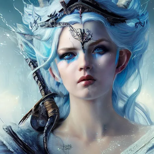 Image similar to detailed photo of elven archer girl, white hair, blue eyes, beautiful, 8 k, by tristan eaton, stanley artgermm, tom bagshaw, greg rutkowski, carne griffiths, trending on deviantart, hyper detailed, glorious lighting, epic environment