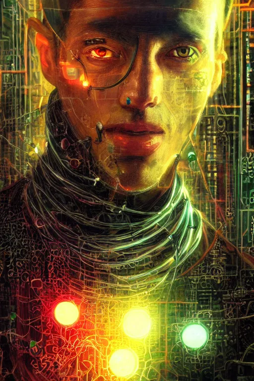 Image similar to stunning highly detailed portrait of a neuromancer hacker with cyber headgear surrounded by wires, complimetary colors, oil on canvas, strong lighting, by Greg Staples, HD, 4K