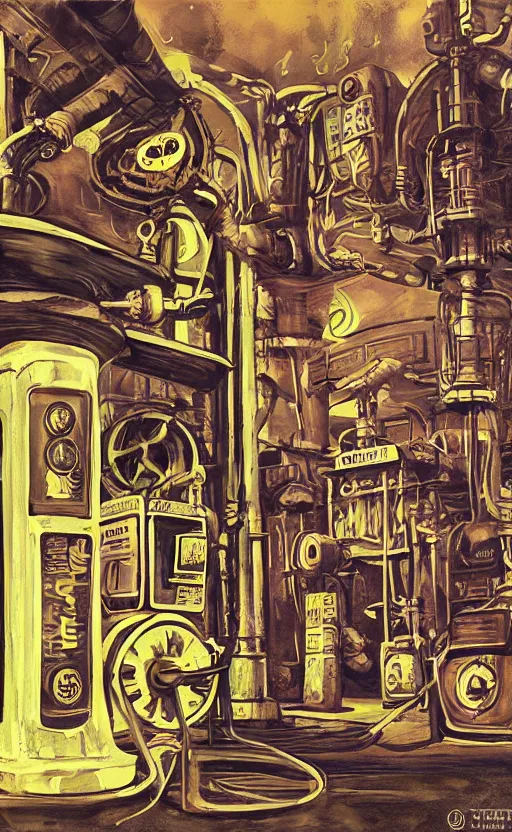 Image similar to steampunk gas station, closeup, gouache, sci - fi, cinematic