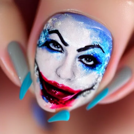 Prompt: nail art featuring harley quinn's face