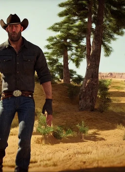 Image similar to an film still of jason statham as cowboy with beard, western background, unreal engine. amazing likeness. very detailed.