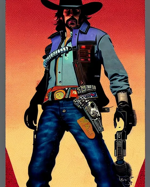 Image similar to mccree from overwatch, cyber cowboy, character portrait, portrait, close up, concept art, intricate details, highly detailed, vintage sci - fi poster, retro future, vintage sci - fi art, in the style of chris foss, rodger dean, moebius, michael whelan, and gustave dore