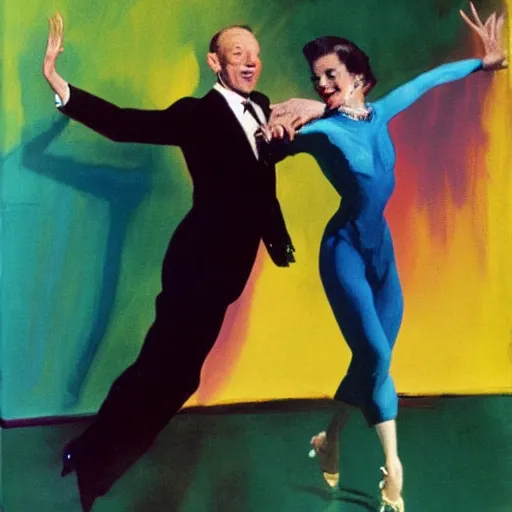 Image similar to cyd charisse and fred astaire dancing, colorful, francis bacon painting