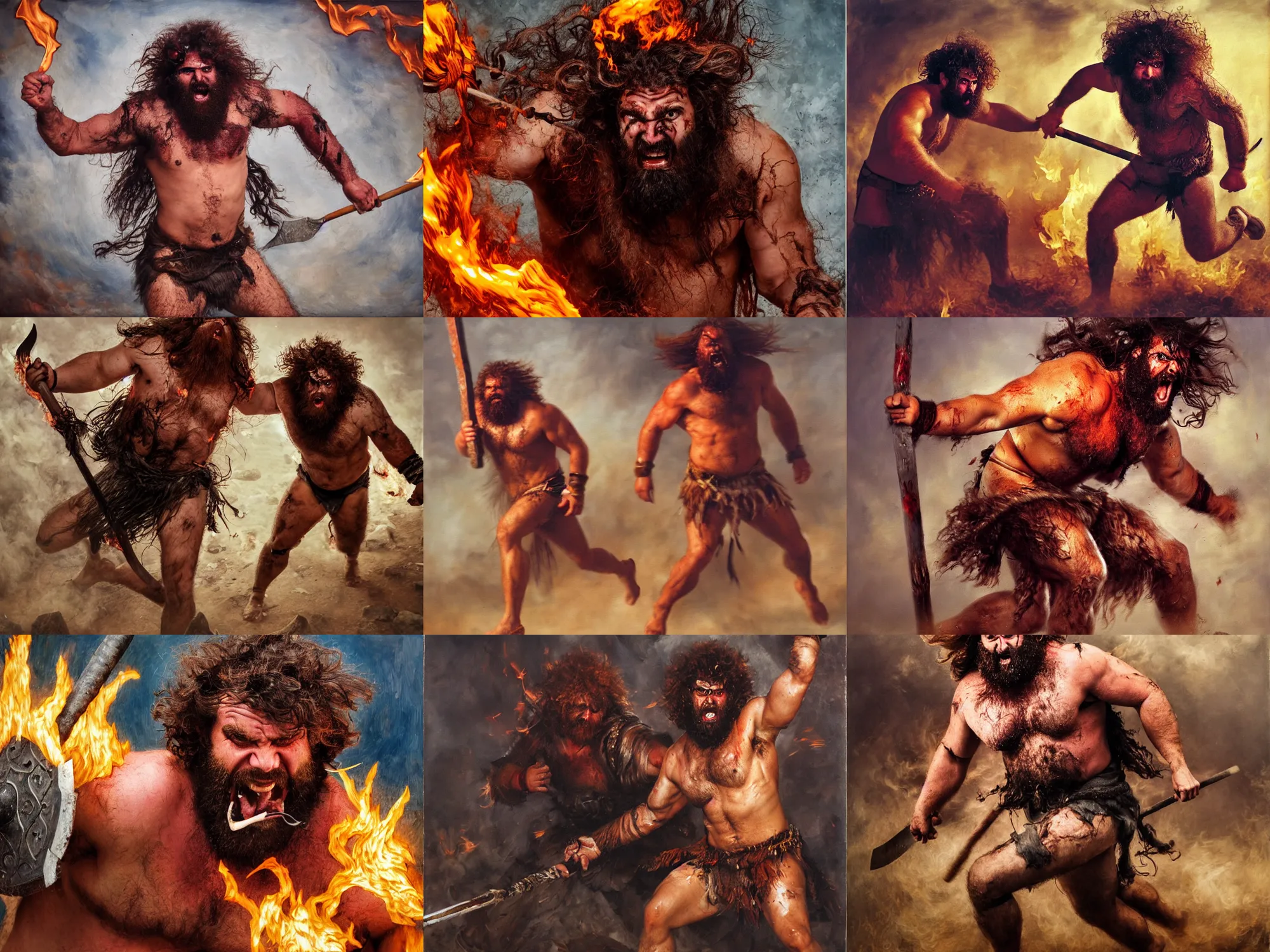 Prompt: single male barbarian, burly, messy curly hair, beard, rushing towards camera, berserker, burning eyes, rage, heartbroken, violence, oil painting