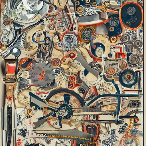 Image similar to a chaotic scene of a crazy machine with lots of details and contraptions. there is a small pair of scissors hidden in the details. the illustration is very detailed and intricate, with a lot of small elements that come together to create a cohesive whole. it uses a limited palette of colors, which helps to create a cohesive and unified look.