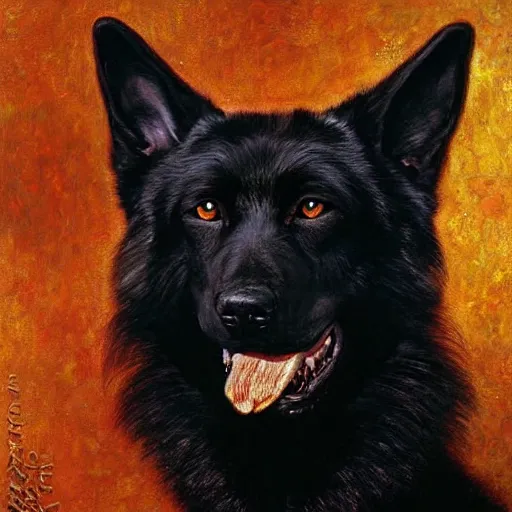 Image similar to a portrait of a black german shepard dogman canine with human eyes and mouth star trek captain red shirt. highly detailed painting by gaston bussiere craig mullins jc leyendecker gustav klimt artgerm greg rutkowski