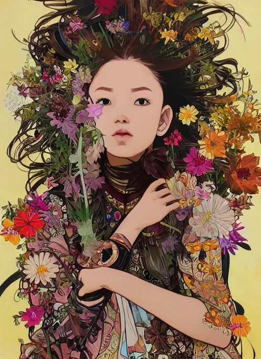 Image similar to !!! very coherent!!! oil painting, beautiful floralpunk iban cyborg portrait girl female illustration detailed patterns art of sarawak traditional dress, flower pop art, floral splash painting, art by ashley wood, alphonse mucha, makoto shinkai, geof darrow, dark shadow